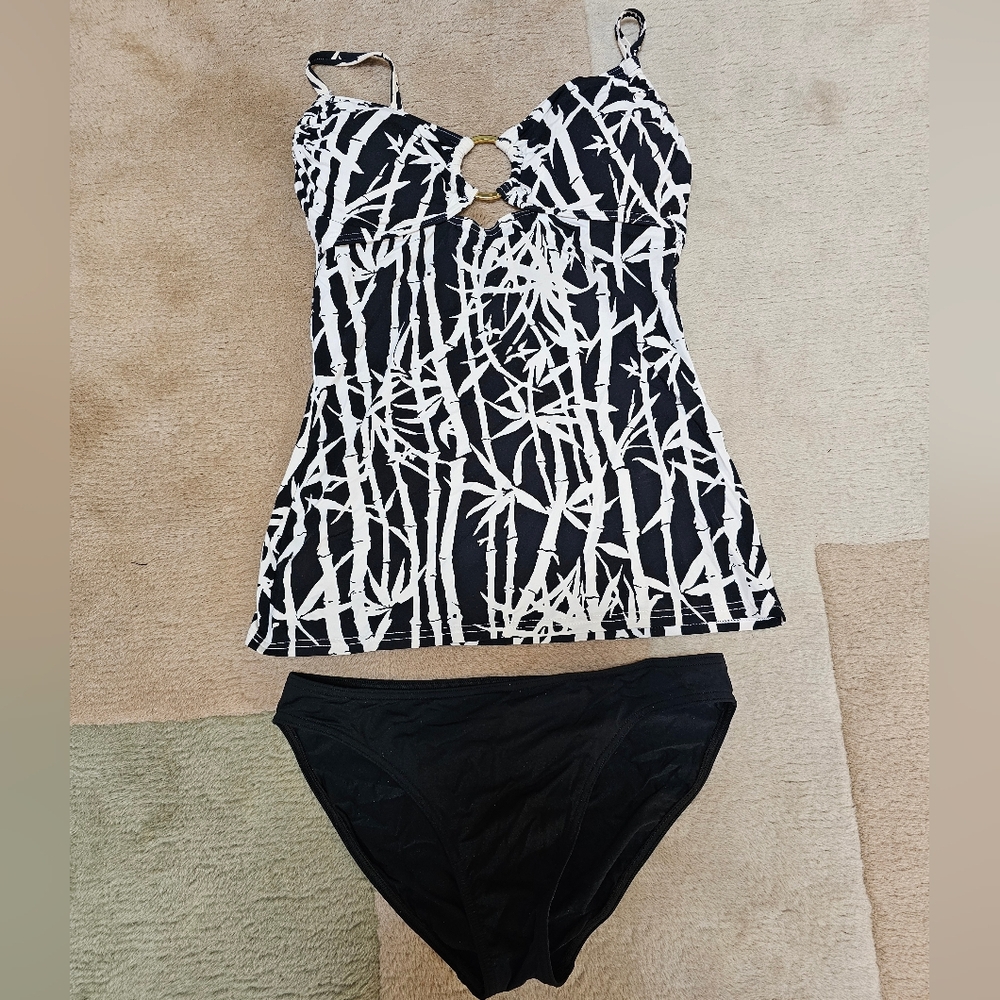 Michael Kors Black and Cream 2 Piece Patterned Swimsuit